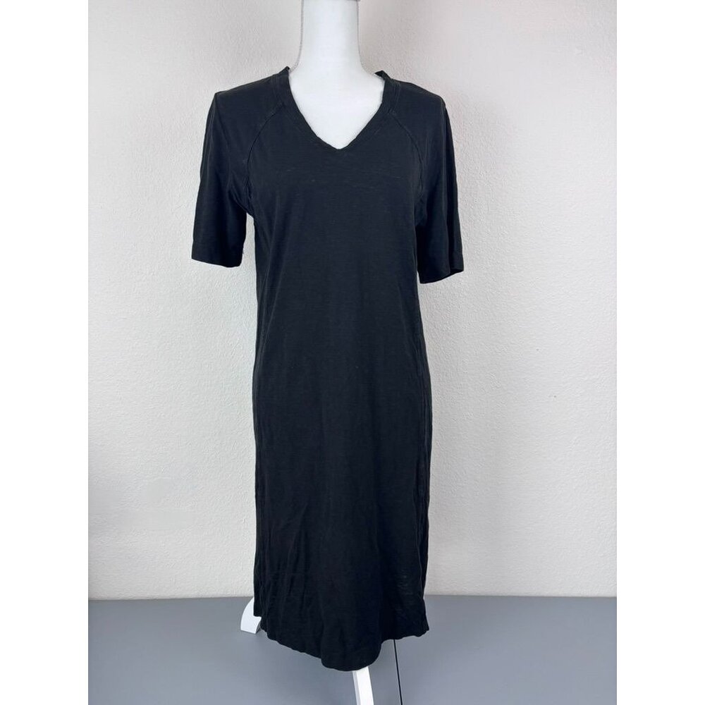 Eileen Fisher women's large black v-neck midi‎ shirt dress hemp cotton blend